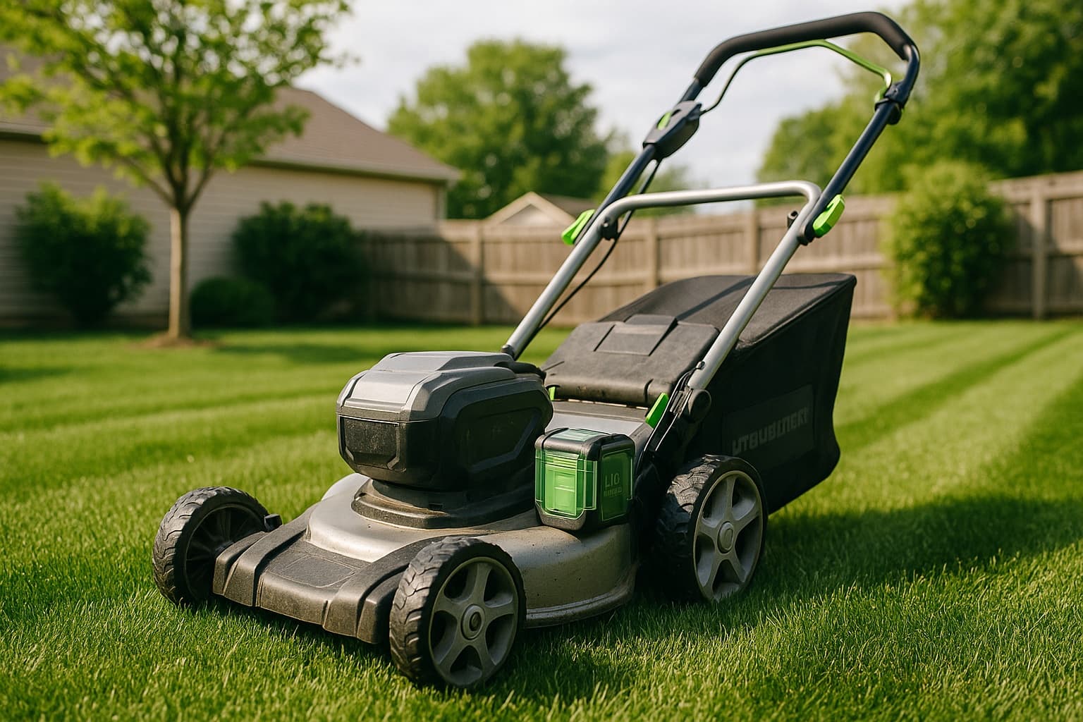 Battery riding lawn mower on a half-acre suburban lawn at golden hour, warm natural light