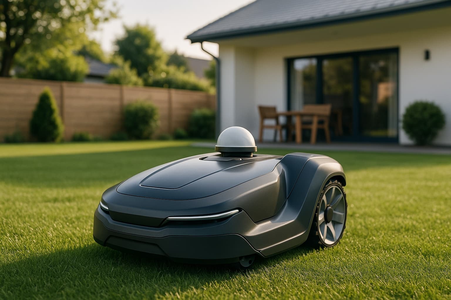 Robot lawn mower on a manicured suburban lawn at golden hour, warm natural light