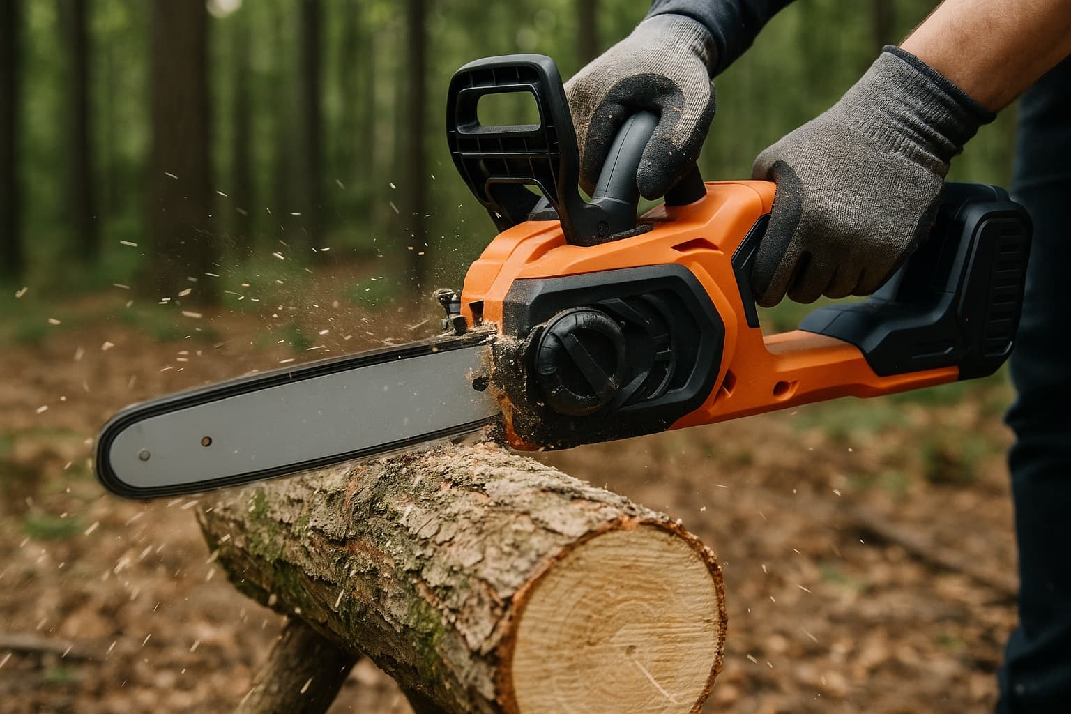 Gas chainsaw with pile of cut branches and logs in a suburban backyard — the starting point for the wood chipper buyer journey