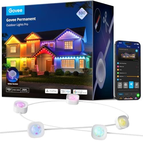 Govee Permanent Outdoor Lights Pro installed along roofline eave, illuminated in warm white
