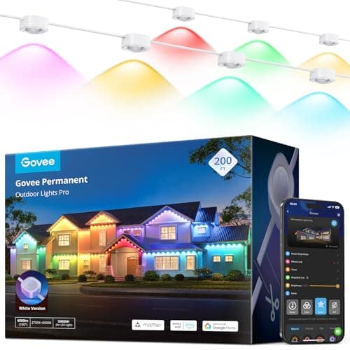 Govee Permanent Outdoor Lights Pro 200ft run illuminating a full roofline in seasonal colors